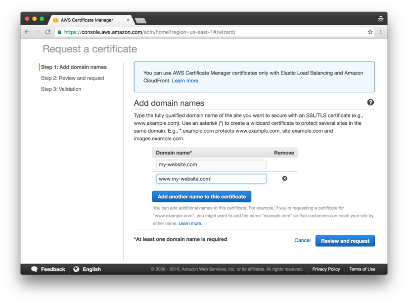 AWS Certificate Manager: create a new certificate