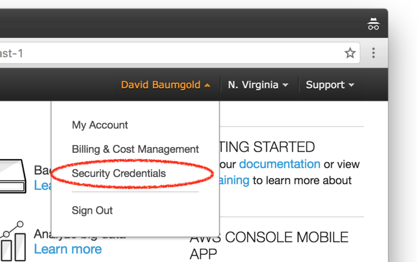 AWS Account dropdown menu