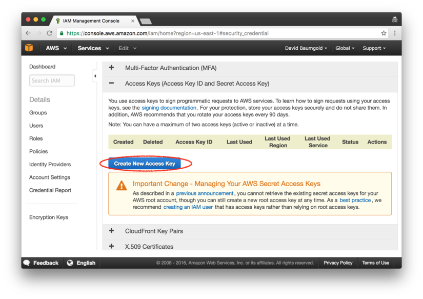 AWS credentials: create an access key