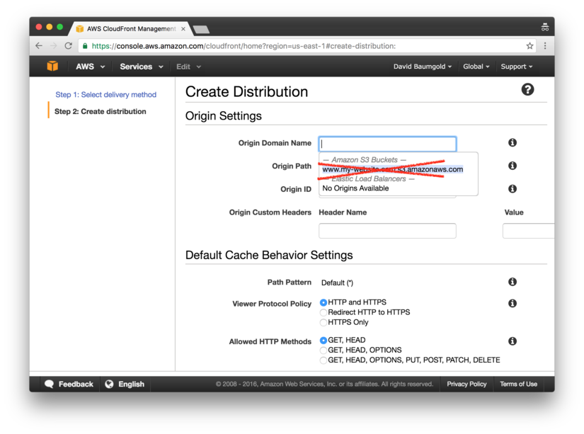 A form for creating an AWS CloudFront distribution where the user has clicked on the "Origin Domain Name" field. A dropdown is visible.