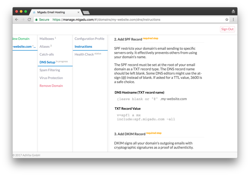 Migadu: instructions for setting up SPF records in DNS