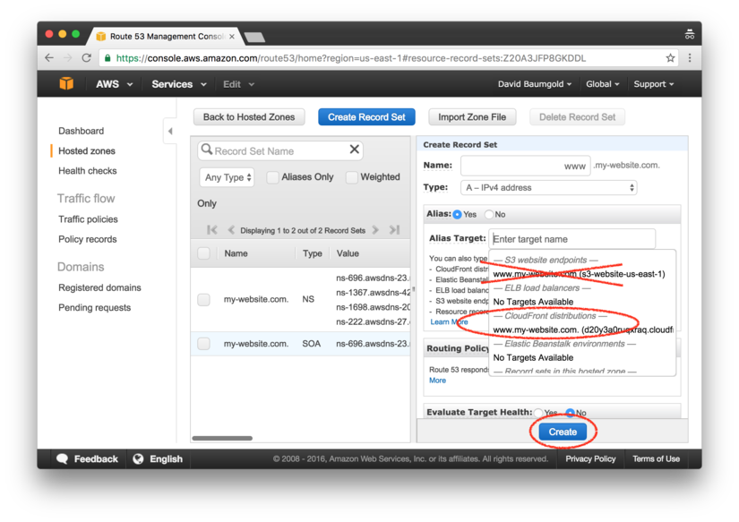 AWS Route 53: select the alias target