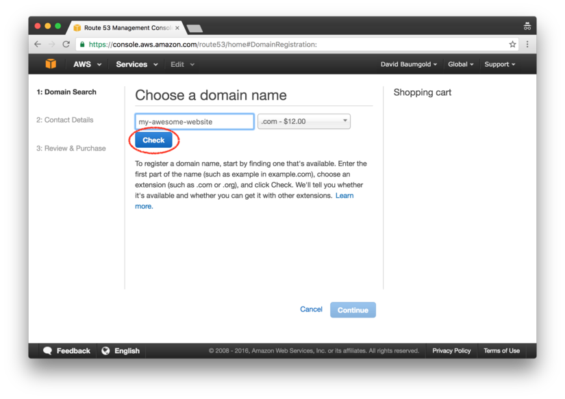 Route 53, choose a domain name