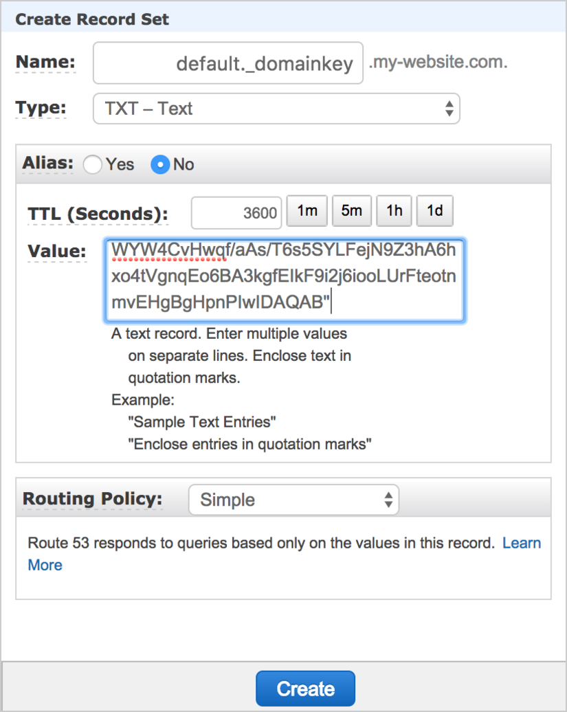 Route 53: configuring DKIM records