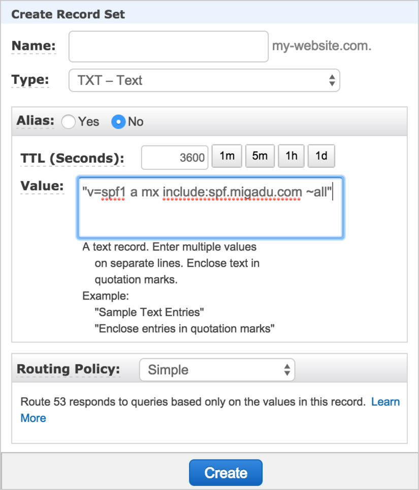 Route 53: configuring SPF records