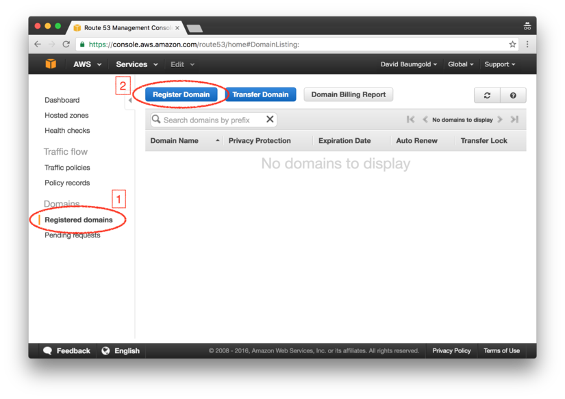 Route 53 domain registration page