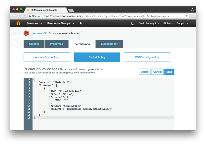 Screenshot of S3 bucket policy editor