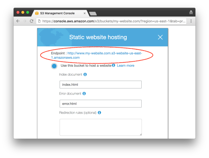 The S3 bucket properties webpage. The static website endpoint URL has been highlighted.